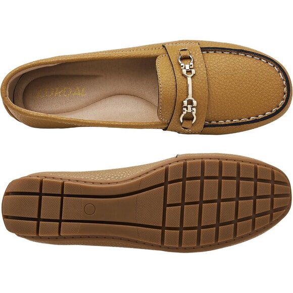 Kordal Women's Brown Leather Gold Accent Buckle Slip-Ons Walking Flats Loafers - Picture 8 of 9
